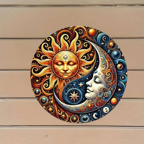 1 stück farbenfrohes - und mond-schattierter metall-wandskulptur - 15,75 zoll, künstlerischer strahl-design mit himmelsgestalten, lebhaften orange, gelb, blau und lila , für wohnzimmer, schlafzimmer, küche, außenveranda oder terrassen-dekoration, einzigartige geschenkidee, außendekoration