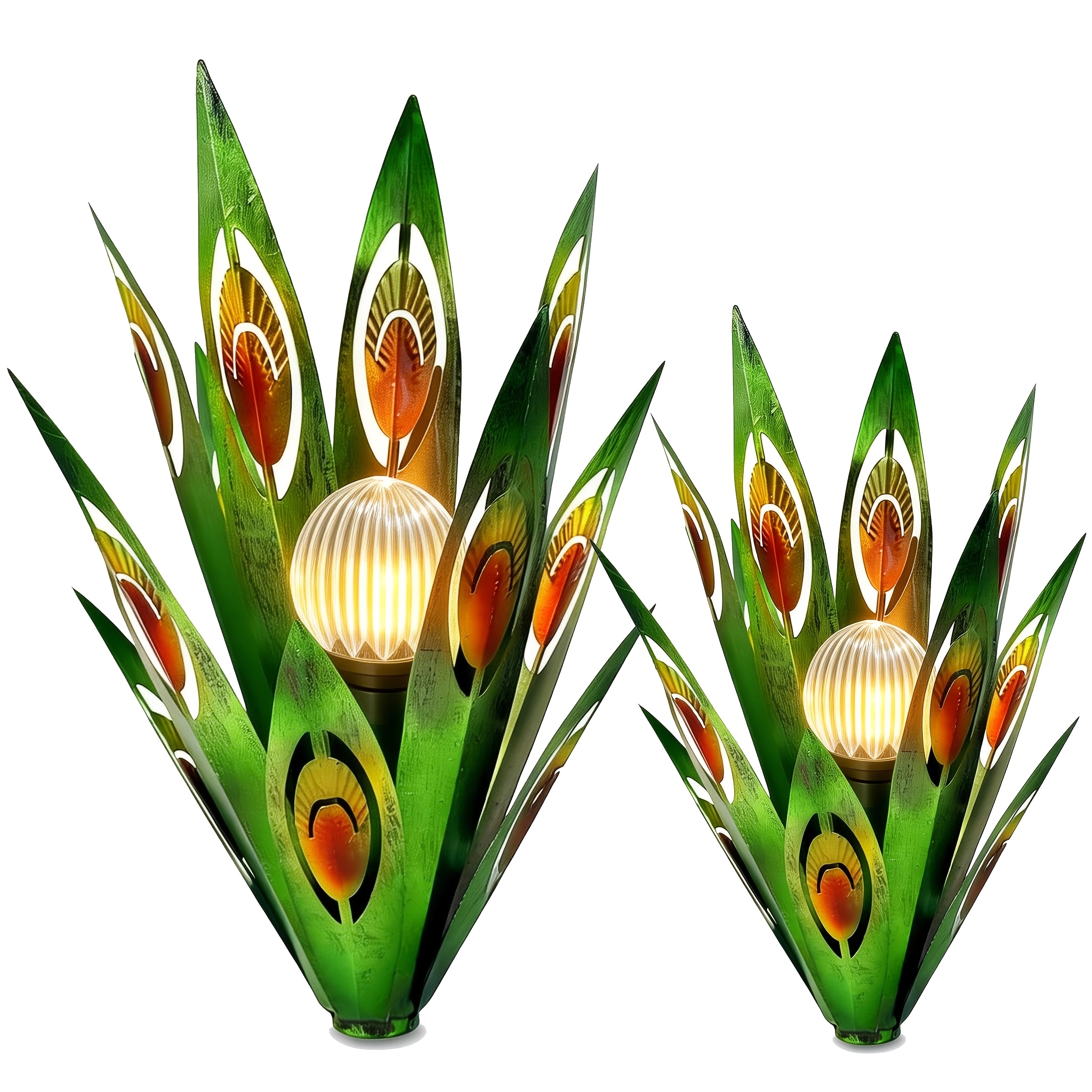 TEMU [3d] 2 Pack Solar Agave Metal Garden Stake, Outdoor Yard Art With Color Changing Led Light, Pearooster Feather Lawn Ornament, Mother's Day Gift