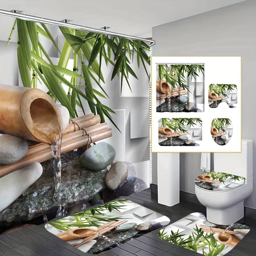 

Bamboo Print Bathroom Set: Includes 72" X 180" Shower Curtain With 12 Hooks, 30" X 75" Rug, 15" X 38" Toilet Seat Cover, And 17" X 42" U-shaped Mat - Perfect For Modern Home Bathrooms