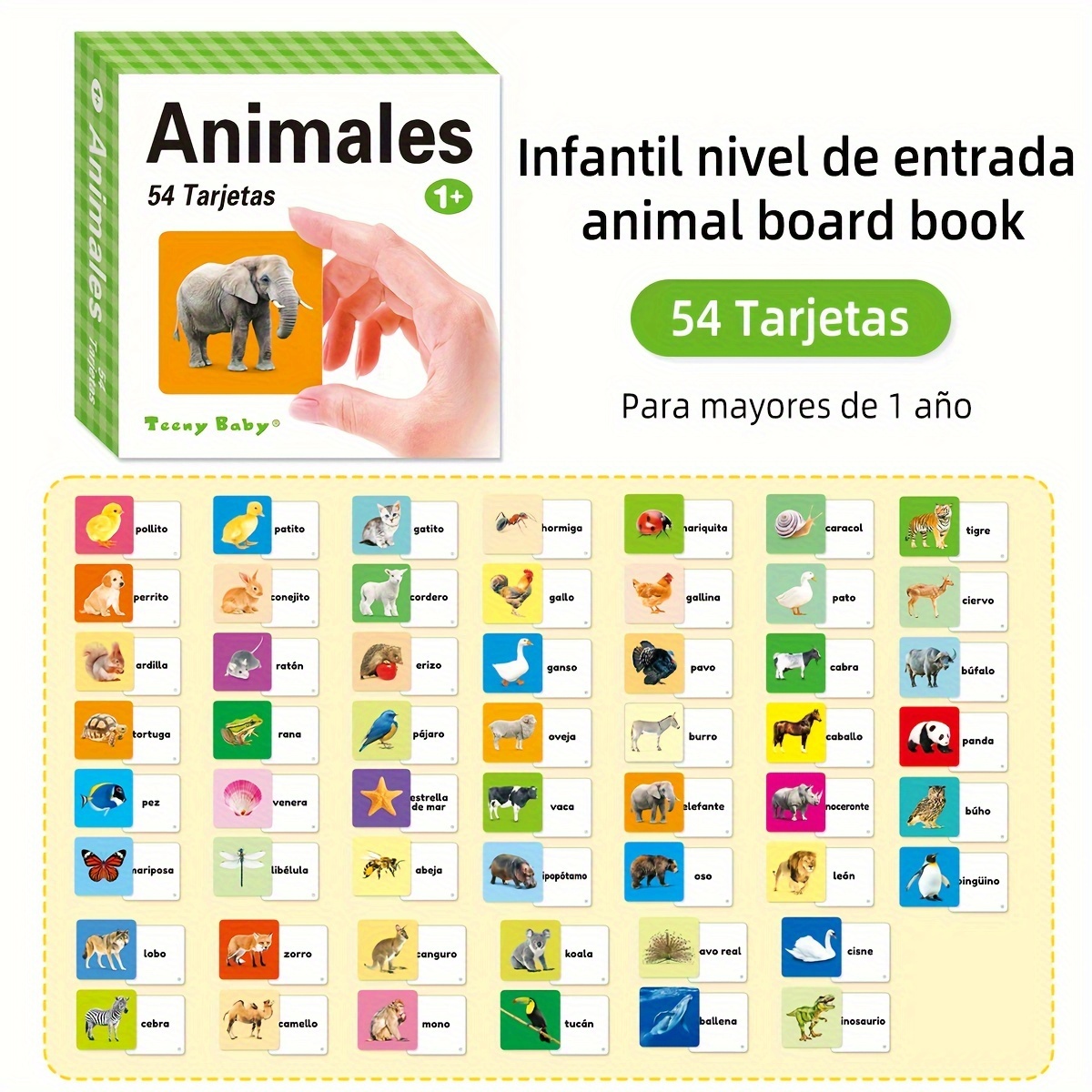 

54 Sheet/box Spanish Children's Animal Words Learning Cards, 54 Different Small Animal Image Cards And Corresponding Words Learning Cards, Round Corner Design Does Not Hurt Hands