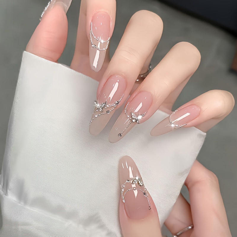 

Chic 24-piece Gradient Pink Oval Press-on Nails With Rhinestone , Full Cover False Nails For Women -quality Easy Application