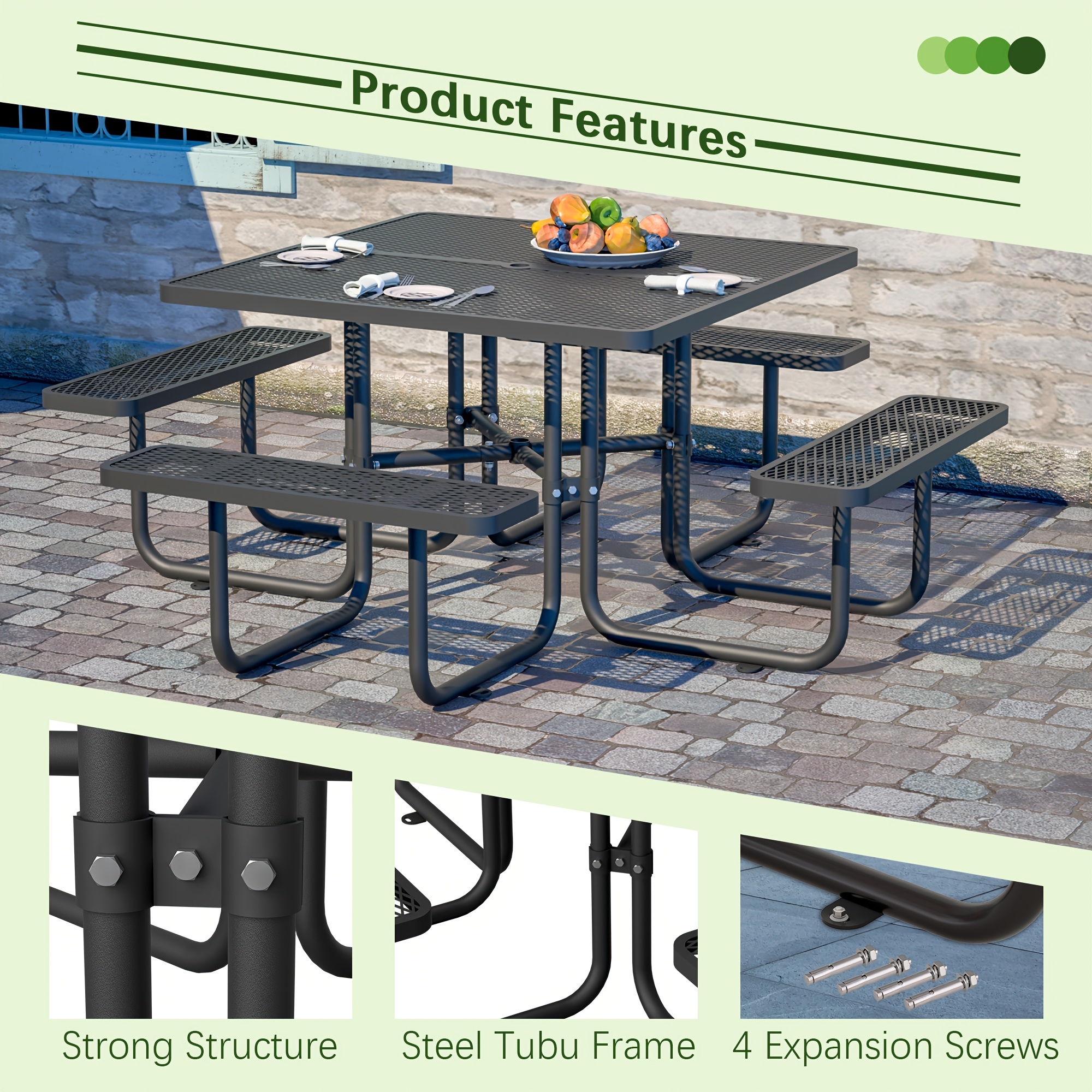 6-Person Outdoor Round Iron Picnic Table with Built-in Bench and Umbrella Hole, Suitable for Gardens, Courtyards, Patios, Lawns, Etc.