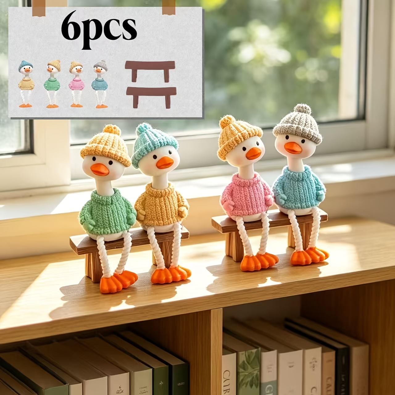 TEMU 6pcs, Hanging Leg Sweater Duck And Chair Resin Ornament, 4 Sweaters Ducks And 2 Chairs, Ins-style Long-legged Sitting , Interior Decoration,