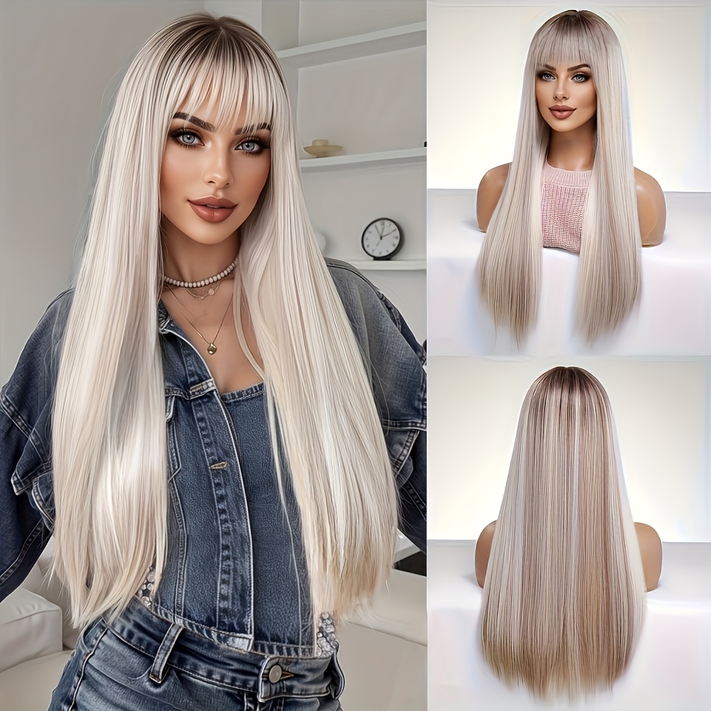 E-shop Lange blonde Stachelschwein-Streifen-Glatze mit Pony – Modischer natürlicher eleganter Stil für Damen, Hochtemperatur-Synthetikfaser,