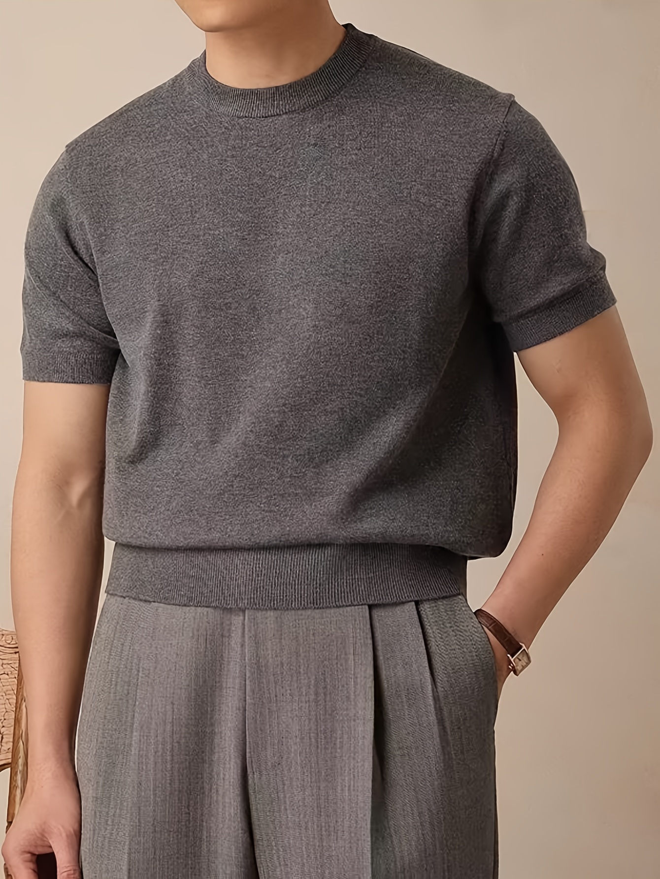 spring summer new pullover short sleeve mens fabric knit regular fit casual t shirt solid   mature base round neck knit sweater