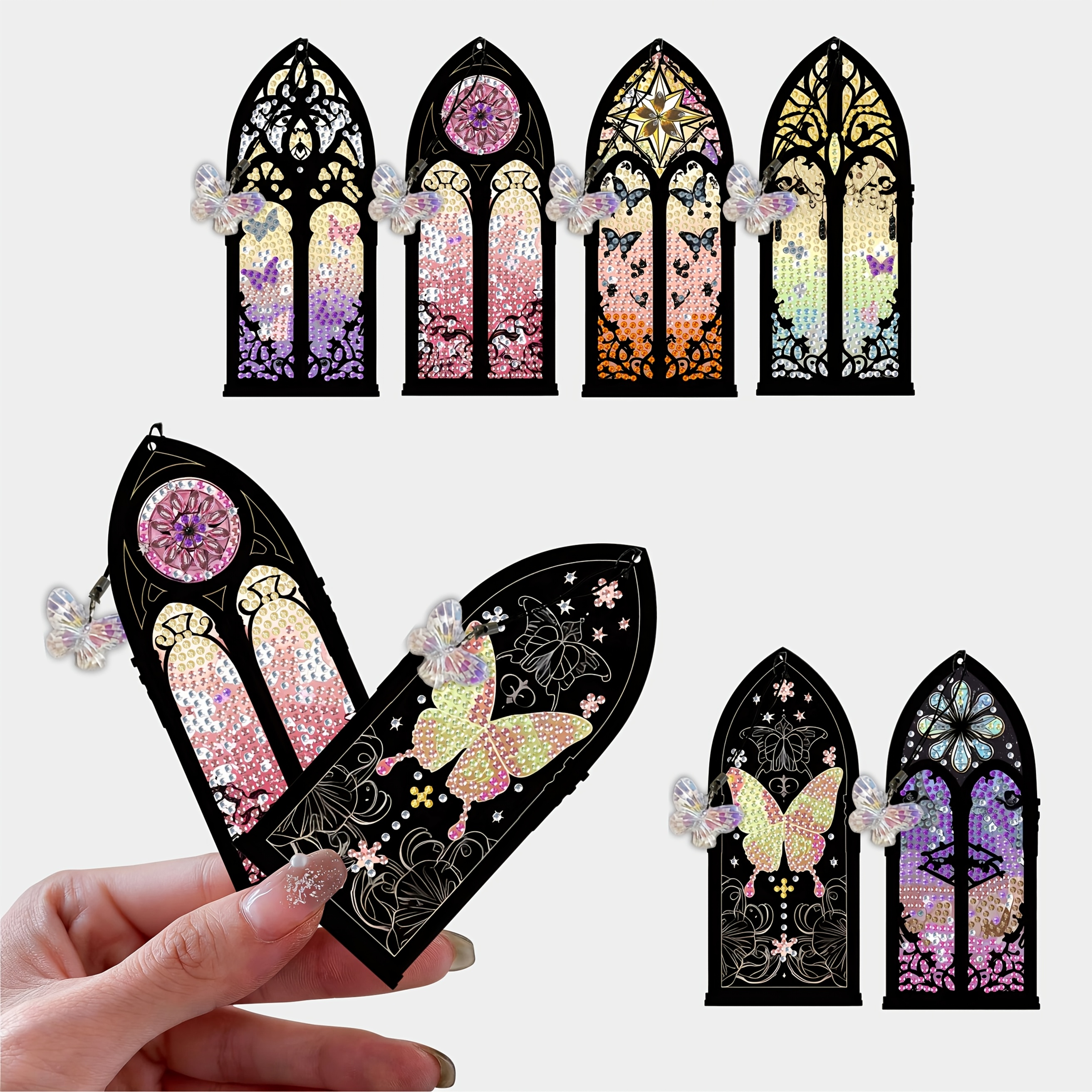 TEMU 6pcs 6pcs Stained Glass Diamond Painting Bookmark Kit With Crystal Pendants - Diy Rhinestone Art Suitable For Beginner Crafts, Bookmarks For