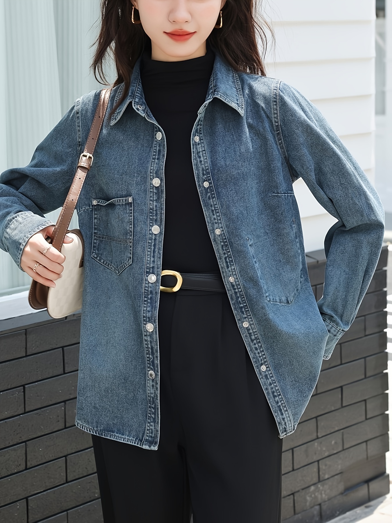 top larga retro moda camisa cuello botón Temu Peru