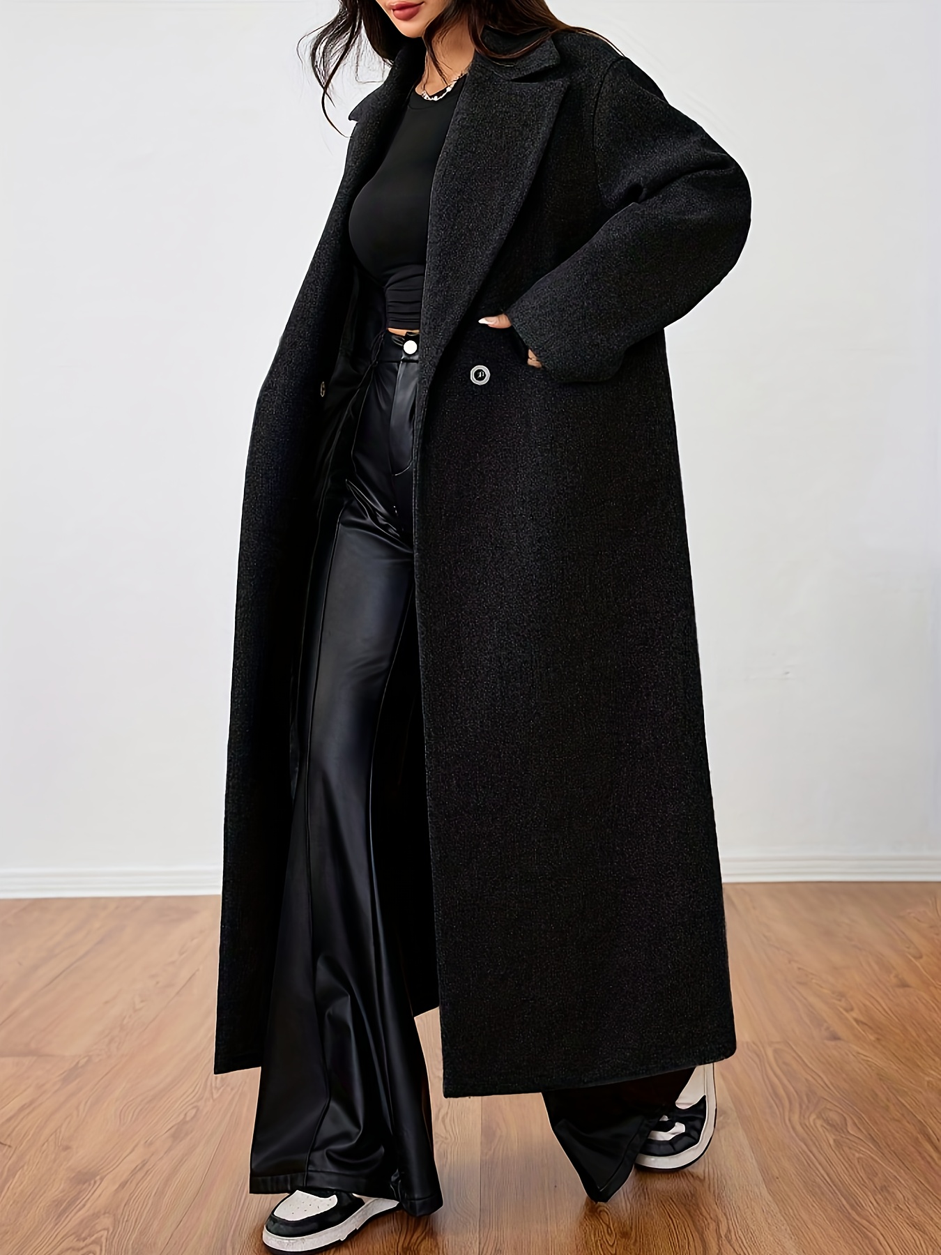 Elegant Solid Color Long Sleeve Casual Long Coat Women In
