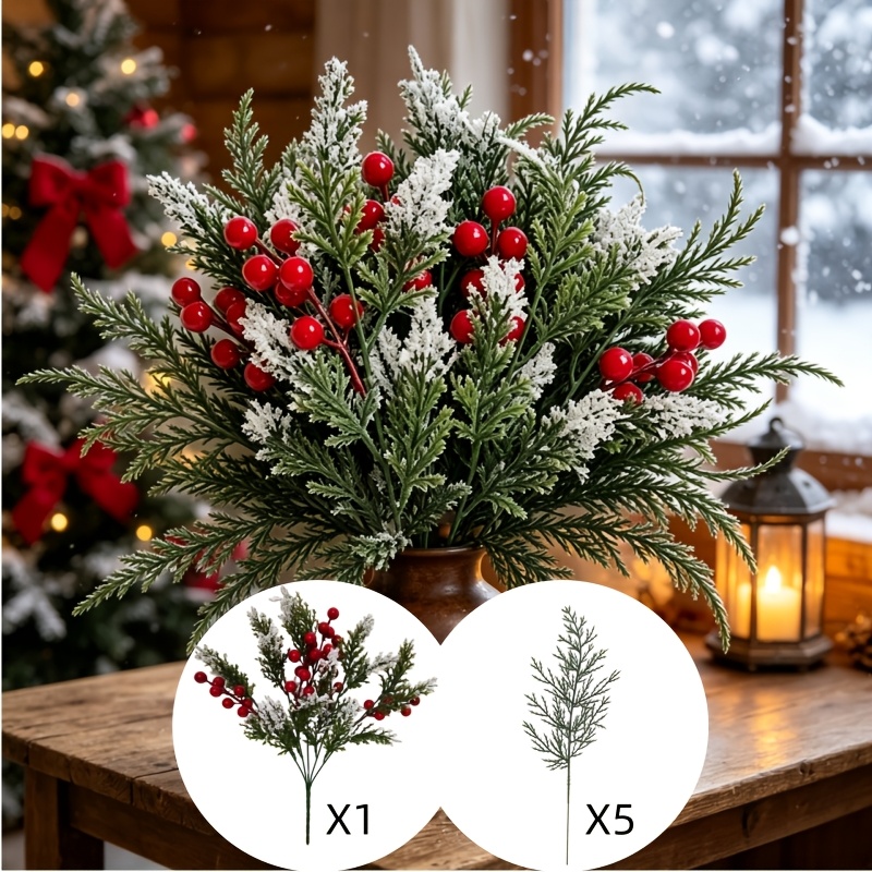 TEMU 6pcs Luxury Christmas Decoration Set - Artificial Frosted Pine Needles And Red Berries + Artificial Pine Branches, Suitable For Holiday Vase