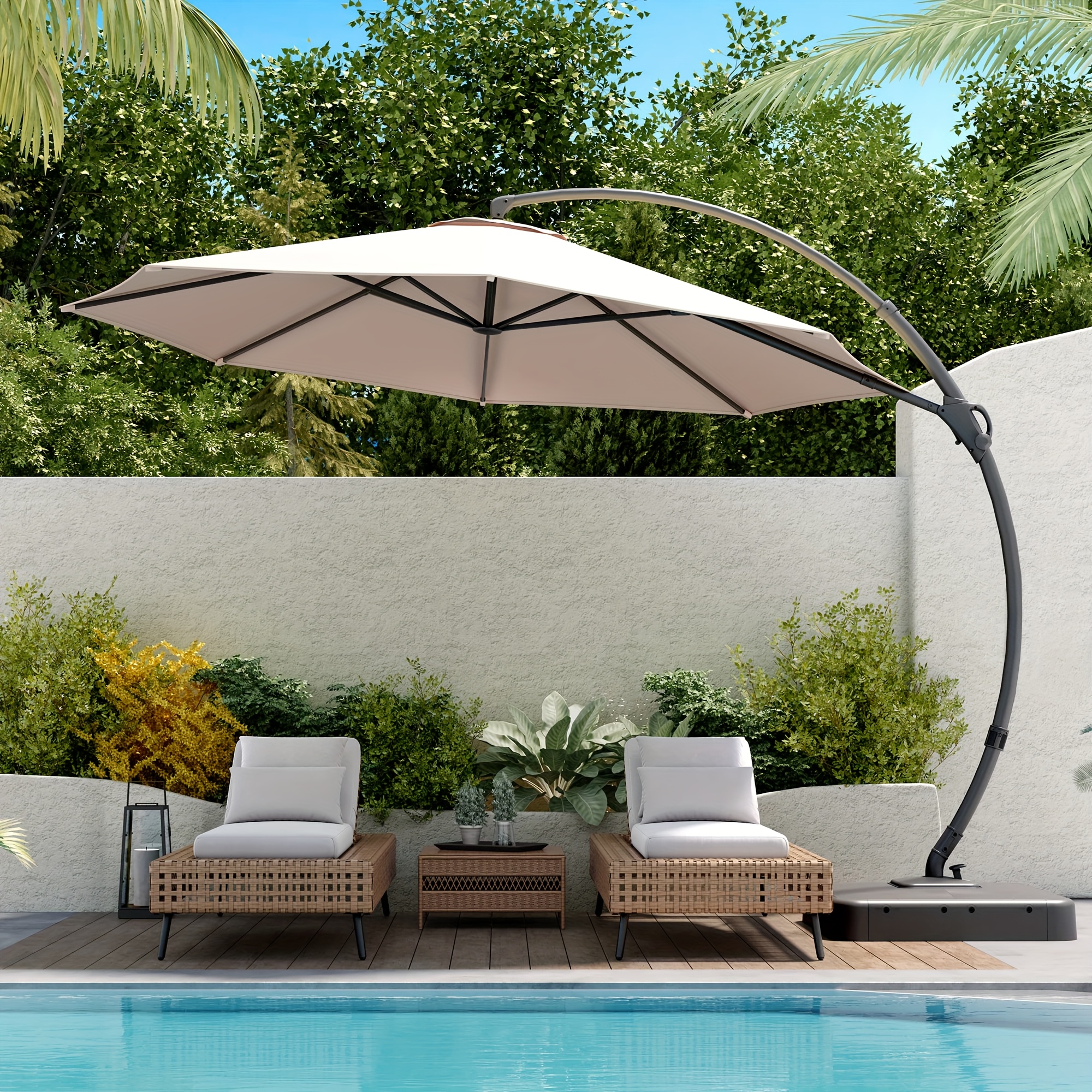 desk patio umbrella 10 Foot Solar LED Cantilever With Lights Cross Base For Outdoor Use Series_Rivalries umbrella / HEB Parasol, Color:Rabbit Purple 54 table