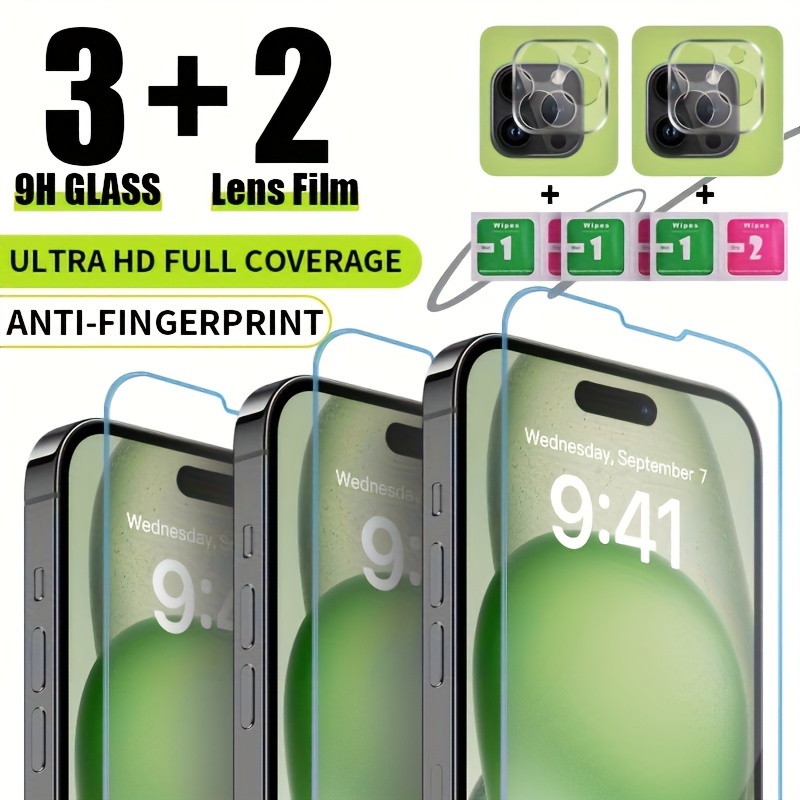 TEMU 5 En1 [3pcs Cristal+2pcs Lente] Para IPhone 11/12/14/13/15 Pro Max/XR/ XS/ Mini /Plus Protector De Lente De Teléfono Móvil Película De Lente De