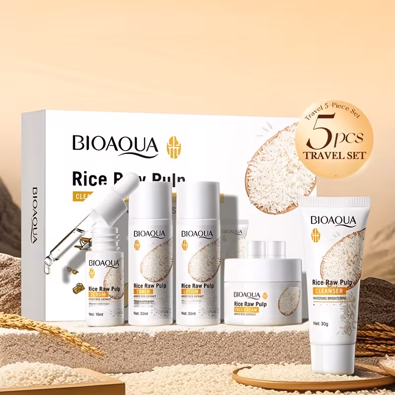 rice fermentation travel five piece gift set cleansing moisturizing skincare gift box cleansing milk toner lotion essence and cream portable skincare travel kit lightweight and easy to carry leaves light beige looking details 3