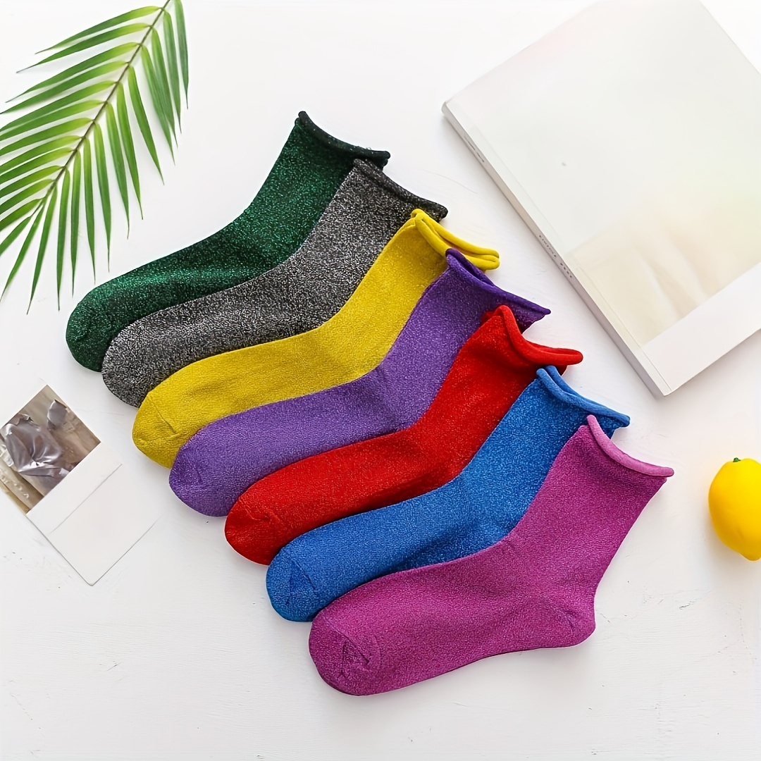 

7 Pairs Of Unisex Trendy Shiny Colored Crew Socks, Anti Odor & Sweat Absorption Breathable Men Women Cotton Socks, For All Seasons Wearing