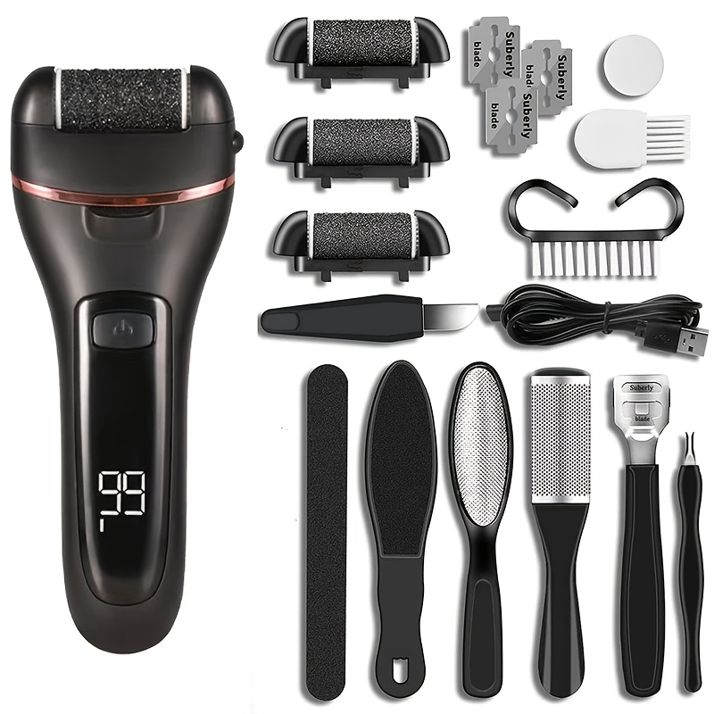 TEMU Rechargeable Electric Foot File, Remover, Fully Washable, Multiple Speed Settings, Lcd Display, Includes 10pcs Foot Care Set, Foot Brush And