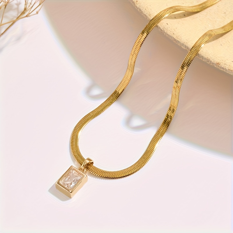 TEMU A Fashionable Classic Versatile Square Copper Pendant Stainless Steel Blade Chain Necklace For Women, Suitable For Daily Wear