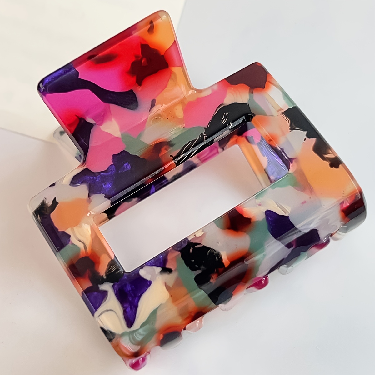 Image of Rectangular Hair Claw Clip, Colorful Marbled Hollow Jaw Clips, Non-slip Claw Clip For Women, Fashion Hair Additions For Thick/thin Hair, Multicolor Floral Print