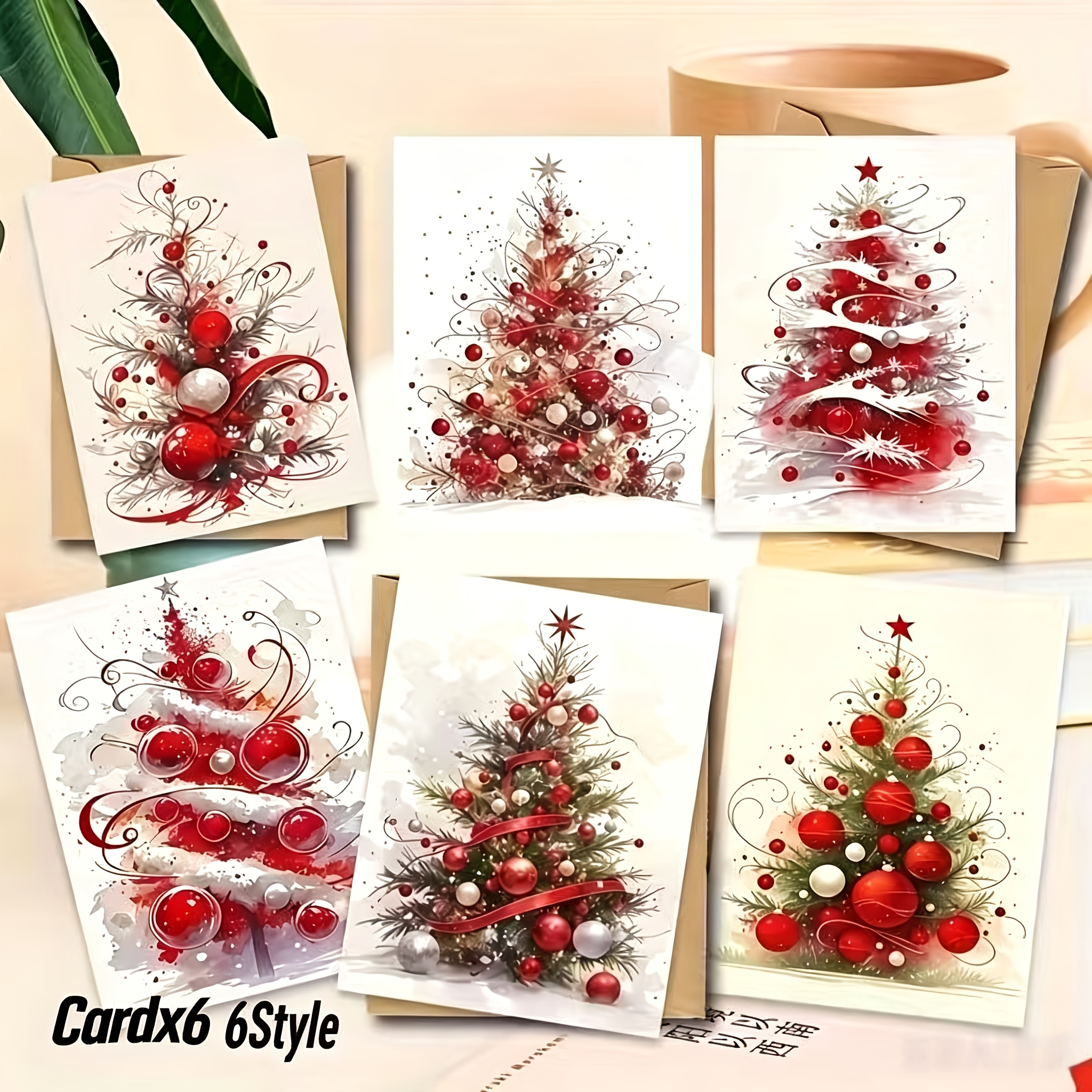 TEMU 24 Christmas Tree Cards With Envelopes, 12 Sets Of Greeting Card Sets - Christmas Holiday Design, 6 Styles Of Trees, Blank Inner Cards, Foldable