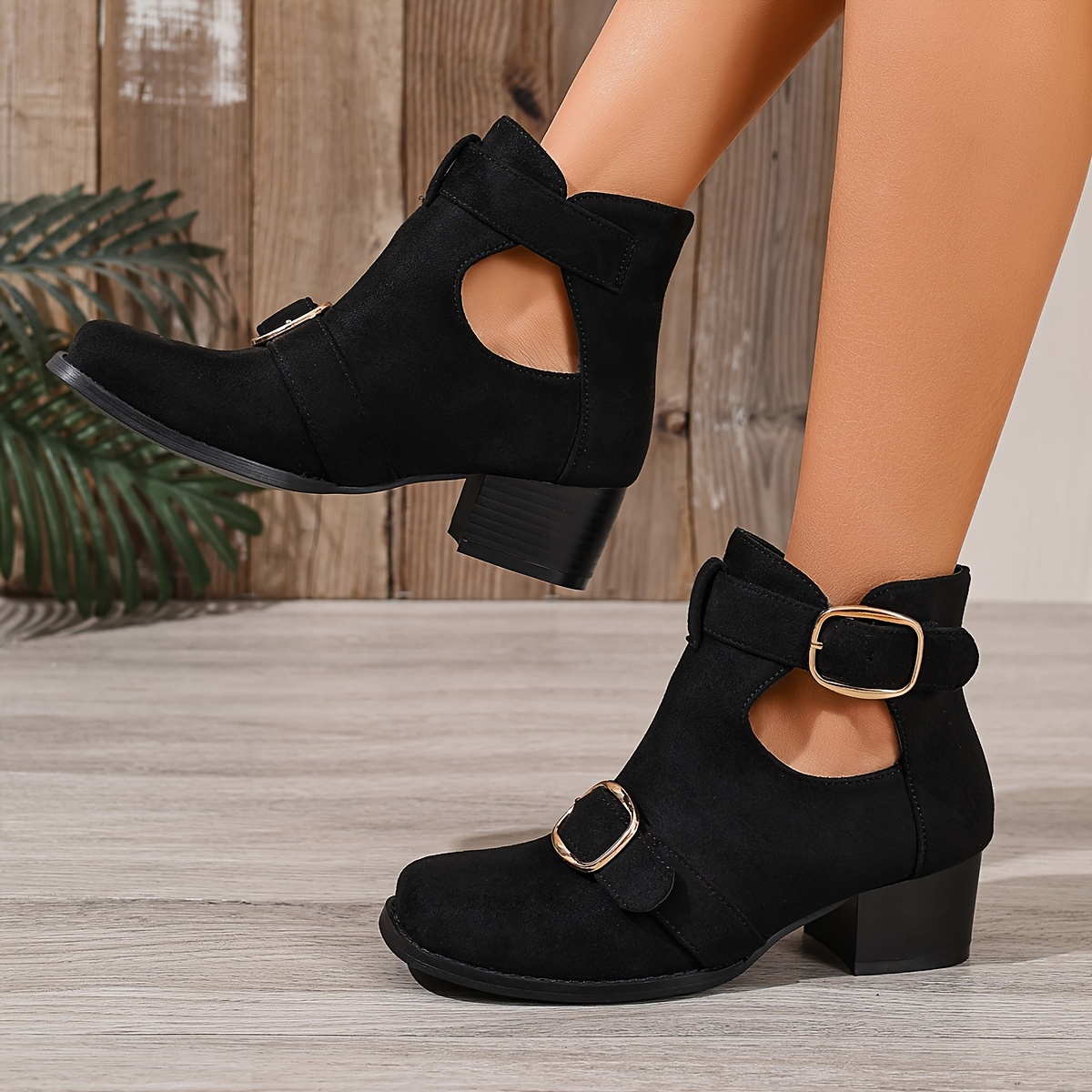 TEMU Hollowed Out On Sides, With Decorative Straps On The Toe And Shaft, Square-toed Low Ankle Boots Are Versatile, Elegant, Comfortable, And Stylish