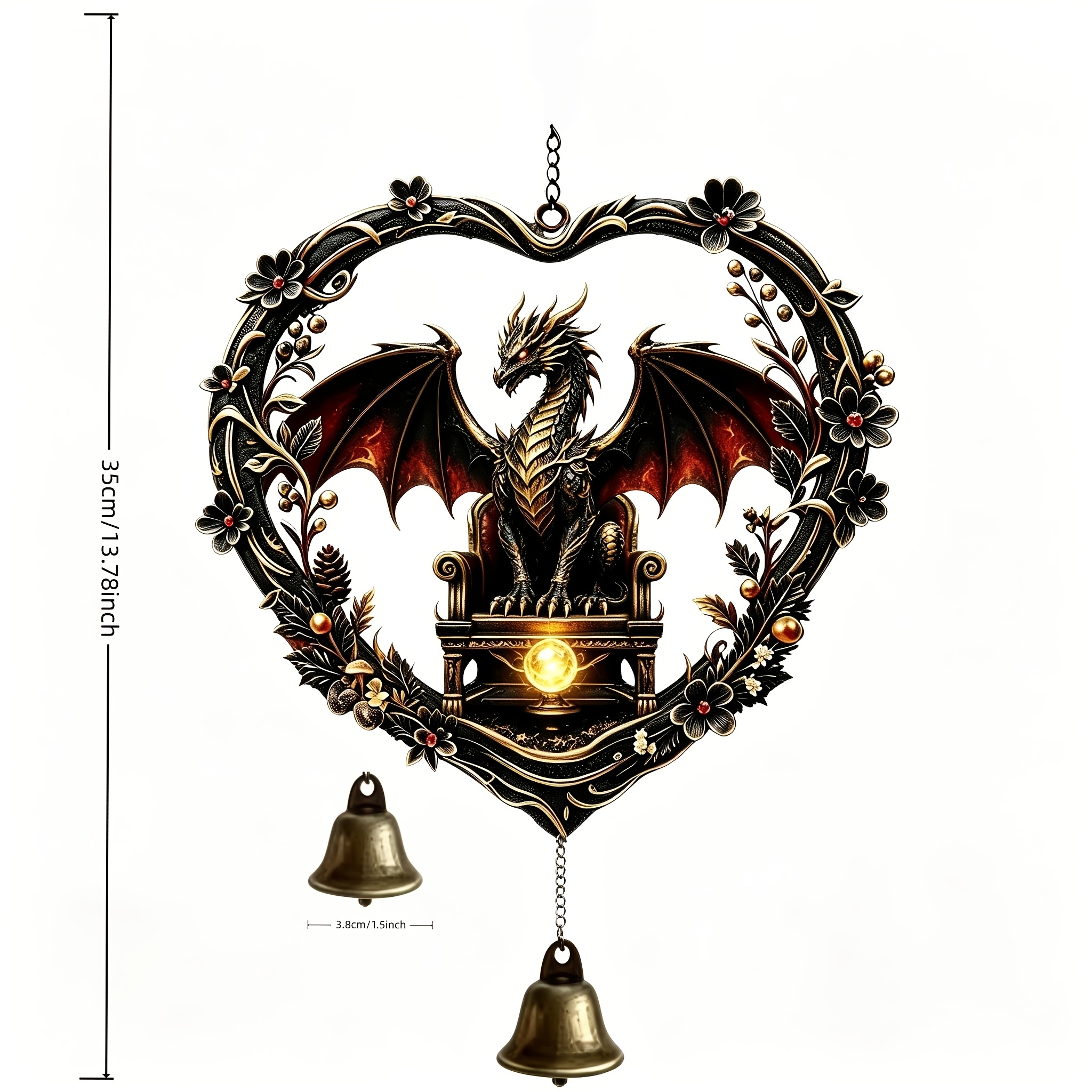 TEMU Pendentif Carillon à Vent Dragon de Fantaisie avec Cadre Floral de Cœur Sculpté, Convient pour Suspendre sur les Rebords de Fenêtre Intérieurs,