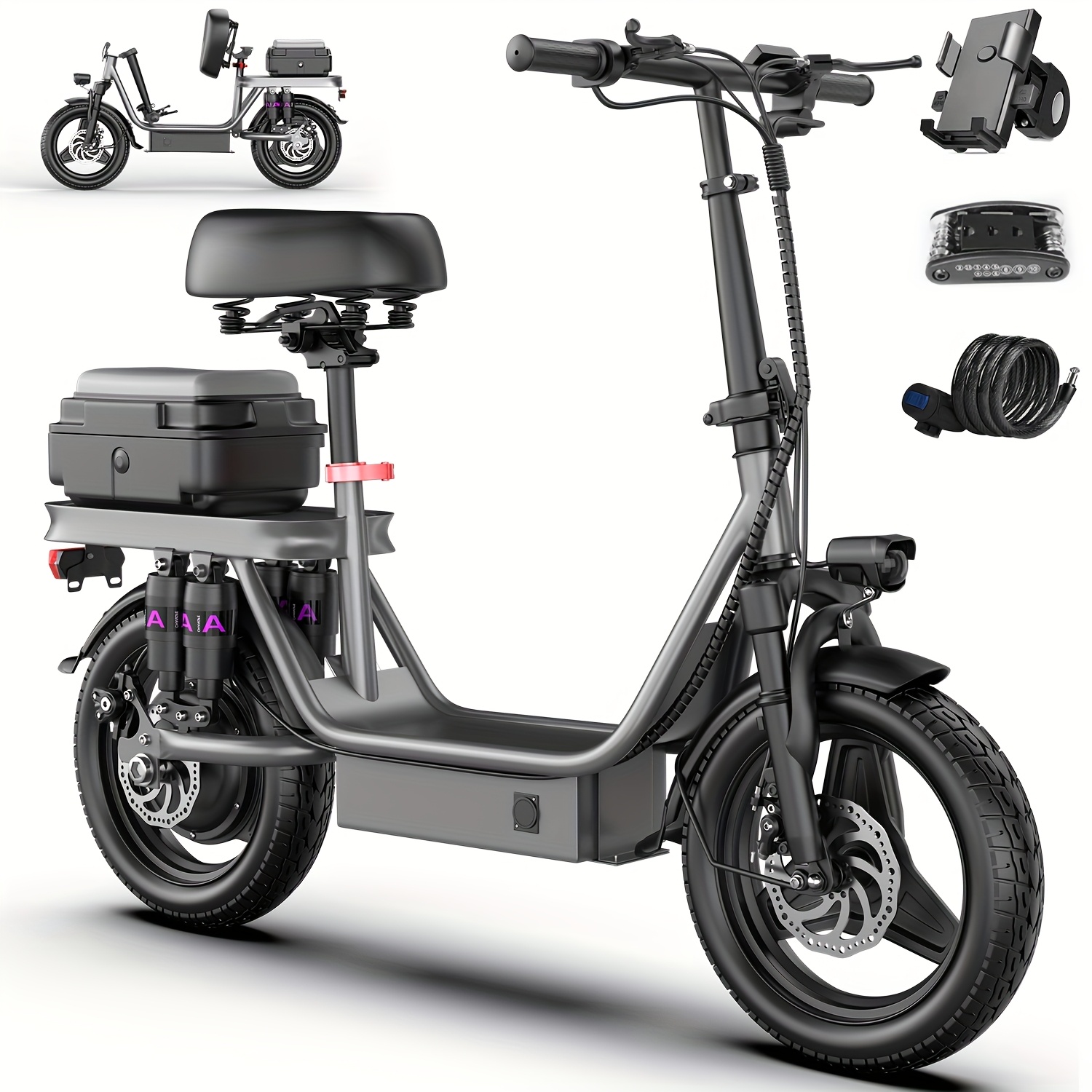 Foldable Electric Scooter with Seat - 500W Brushless Motor, 20mph Speed, 30-Mile Range, Dual Disc Brakes, Urban Mobility Scooter for Commuting & Travel, Gray, Includes Storage Box, Perfect for Adults & Pets