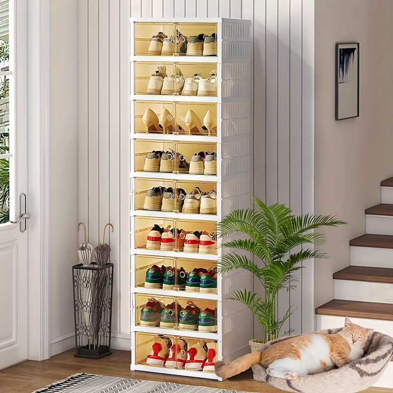 

9 Tier Foldable Shoe Rack Organizer For Closet 18pairs Plastic Collapsible Shoe Racks Shelf Stackable Clear Folding Shoes Storage Boxes For Small Spaces Narrow Shoe Storage Cabinet