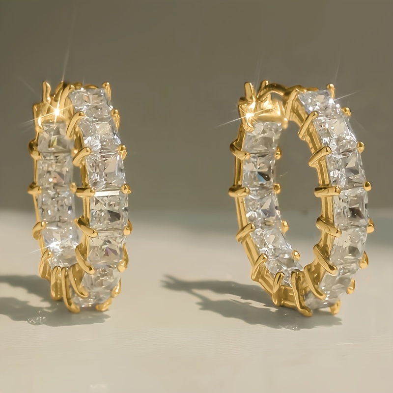 Image of 1 Pair Of Women's Fashion Hoop Earrings, Simple And Exquisite Shiny Synthetic Synthetic Zirconia Earrings, Suitable For Bridal Engagement Wedding Banquet Jewelry Anniversary Party Accessories