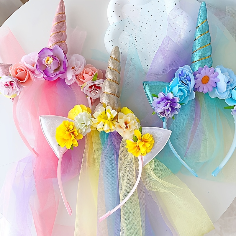 

1pc Whimsy Unicorn Headband - Cute Minimalist Mesh Rainbow Tassel Lace Hair Accessory With Floral Accents, Color Matching Dress Up Hairband For Parties And Celebrations, Unicorn Hair Accessories