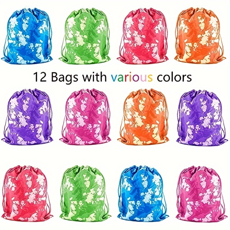 

12pcs Colorful Reusable Tie-dyed Camouflage Drawstring Tote Bags Party Favors Assorted