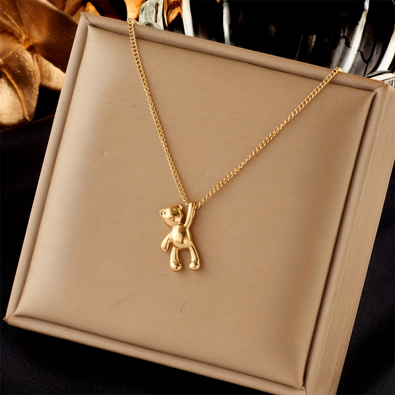 

18k Golden Plated Teddy Bear Pendant Necklace - Simple Style Stainless Steel Fashion Jewelry For Women, Versatile For Daily Wear, Parties, And Travel