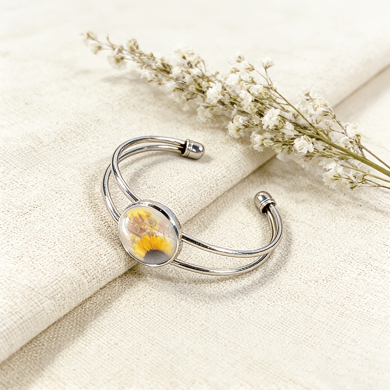 Women's Adjustable Open Bangle with Retro Sunflower & Floral Design