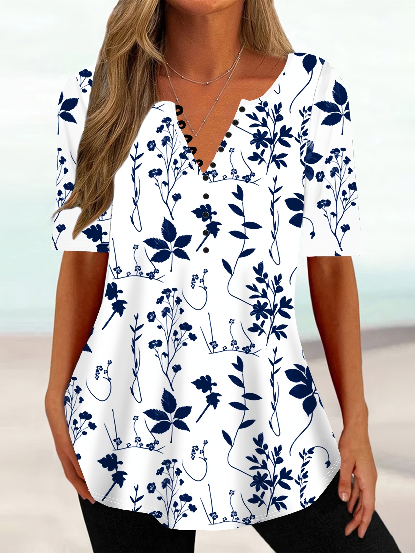 plus size popular   size plant print v neck short sleeve top loose fit for a look casual and fashionable womens plus size clothing for spring and summer