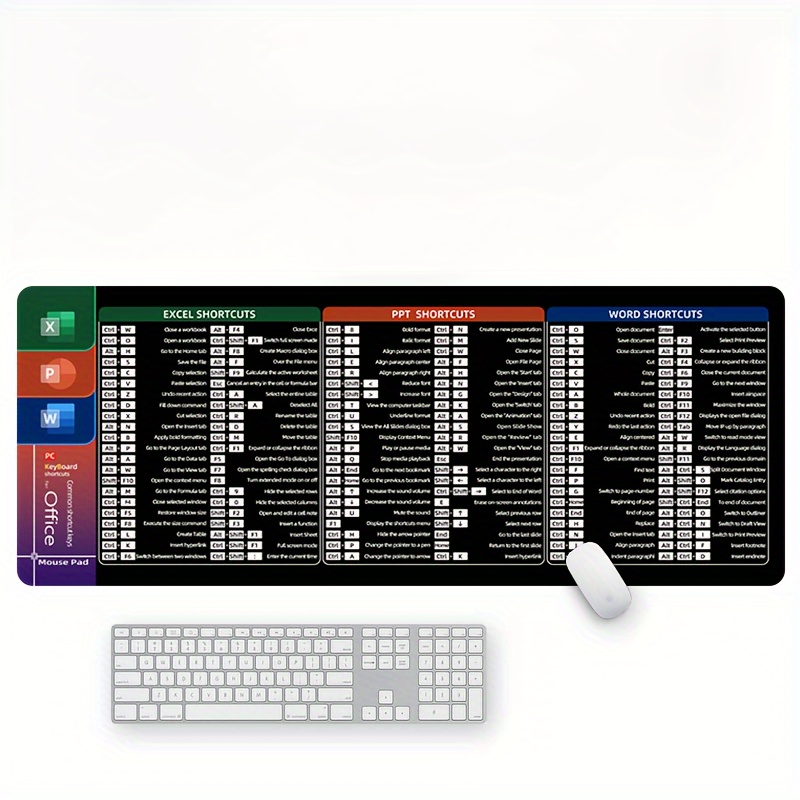 

Extra Large Rubber Mouse Pad With Non-slip Base And Office Software Shortcuts For Word, Excel, Ppt - Oblong Desk Mat With Quick Key Guide
