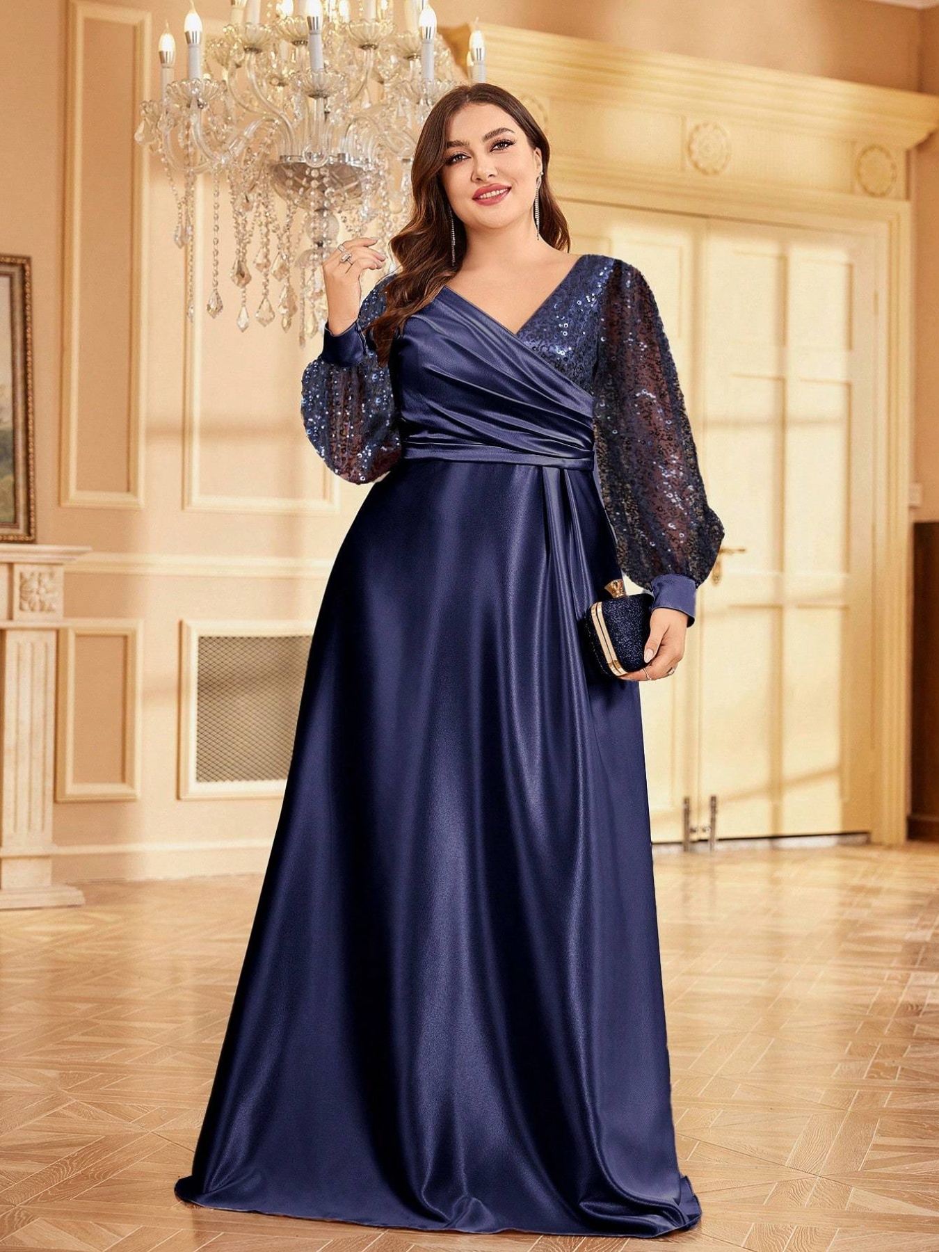 silk evening dresses plus size Plus Size Corset Satin Gown by Cinderella Divine 7484C