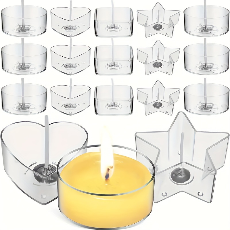 

NOUVEAU Kit de Fabrication de Bougies Tea Light 16pcs - Porte-Bougie en Plastique Transparent à la Chaleur de Cœur, Carré, Rond avec Mèches de Bougie de 26mm de Long pour d'Artisanat DIY