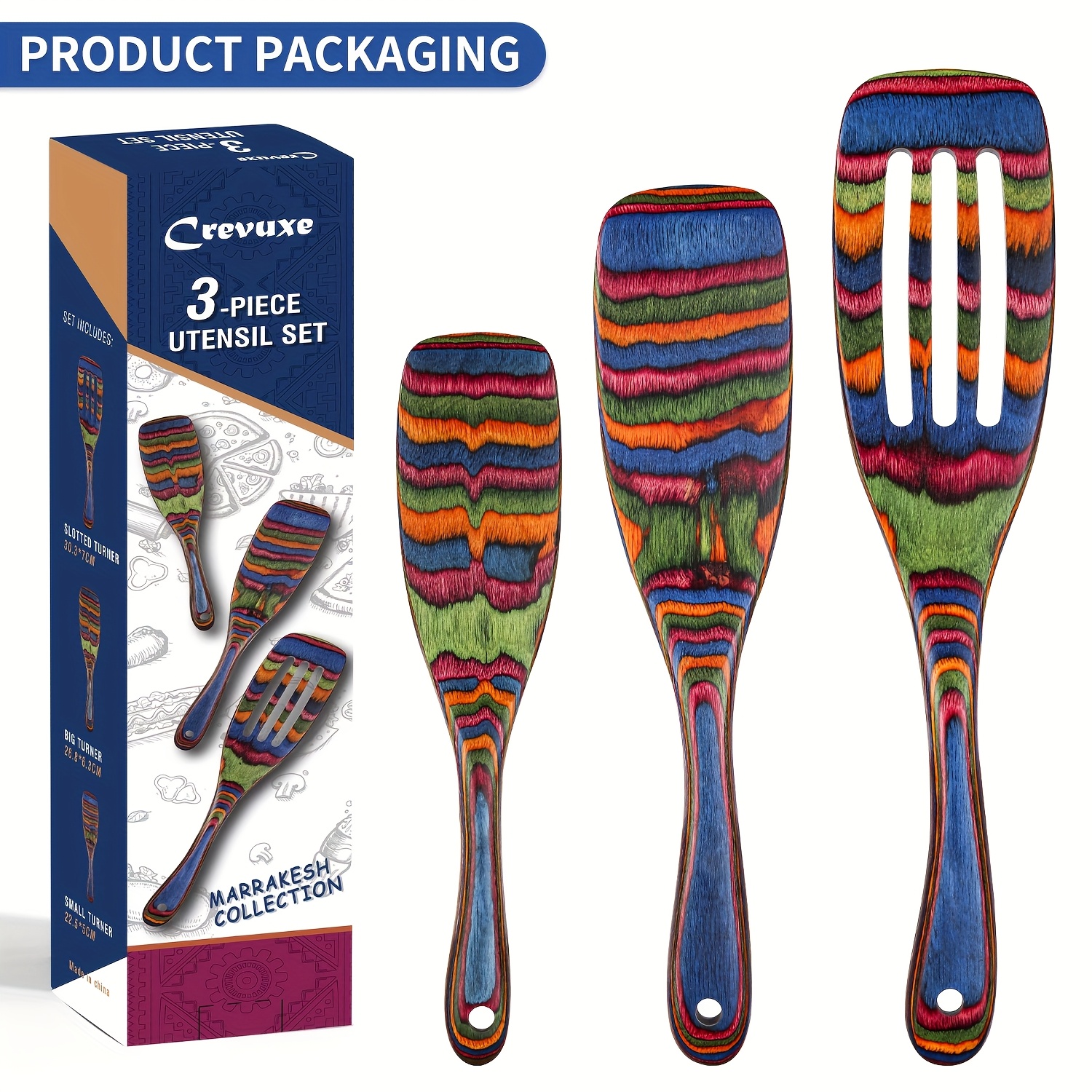 TEMU 3pcs Wosponfan Wooden Kitchen Utensil Set - Colorful Striped & Patterned Spurtles, & Safe For Cooking - Ideal For Home & Gift, Holidays Like
