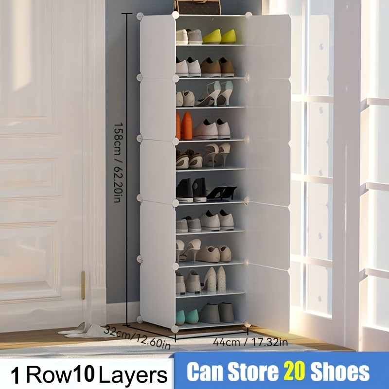 Image of 1pc Expandable Shoe Rack Organizer Cabinet With Doors, 8 Pairs Capacity, White, Modern Plastic Shoe Holder, Portable & Sturdy, 1row, 4/6/8/10layers