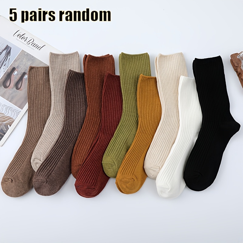 TEMU 5/10 Pairs Women' Color Ribbed Round Leg Socks, Random Retro Pinstripe Mid-calf Socks, Soft Breathable Elastic Casual Stackable Socks, Suitable