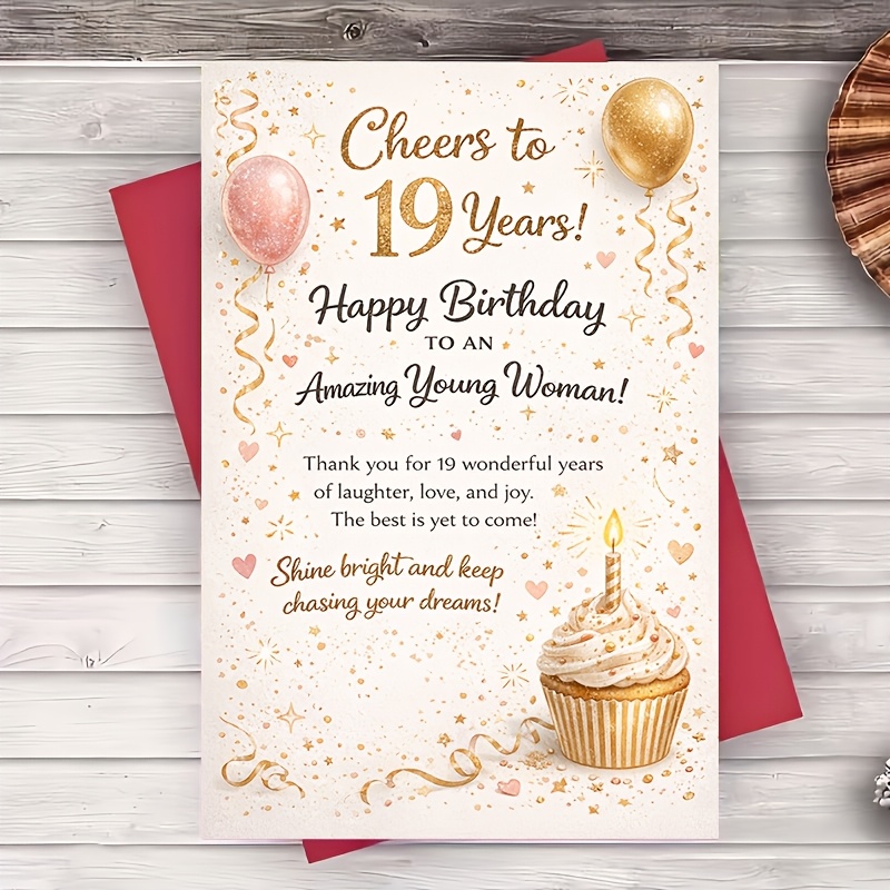 TEMU A Birthday Card For Her 19th, Featuring An Elegant Design With Golden And Pink Balloons And Cupcakes, Celebrations From
