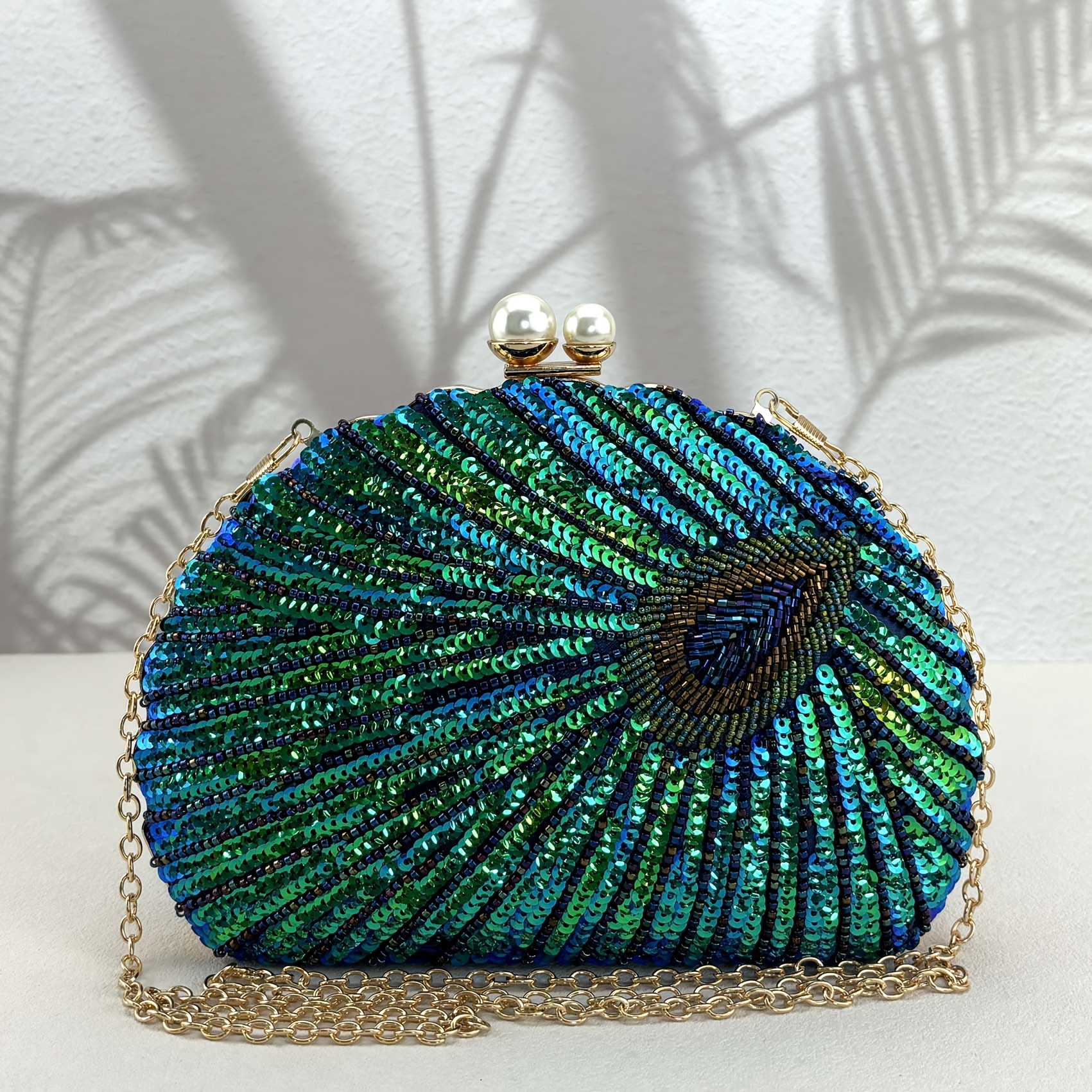 TEMU Evening Handbag With Shell-shaped Color-changing Sequins And Studded Beads, Single-strap Clutch For Women's Parties