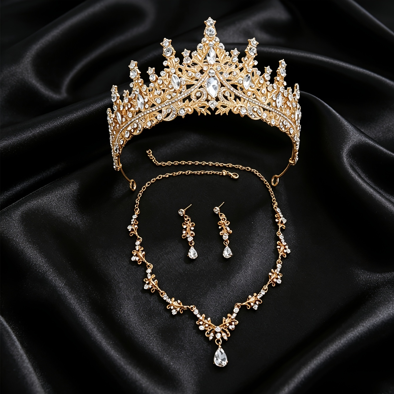 TEMU 3pcs Retro Golden Heavy-duty Crown Jewelry Set, Luxurious Bridal Wedding Tiara And Teardrop Necklace And Earrings Set, High-end Light Luxury