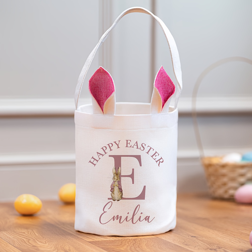 

Customized Burlap Easter Basket With Bunny Handles - Personalized Easter Egg Hunt Tote - Festive Easter Party Bag For