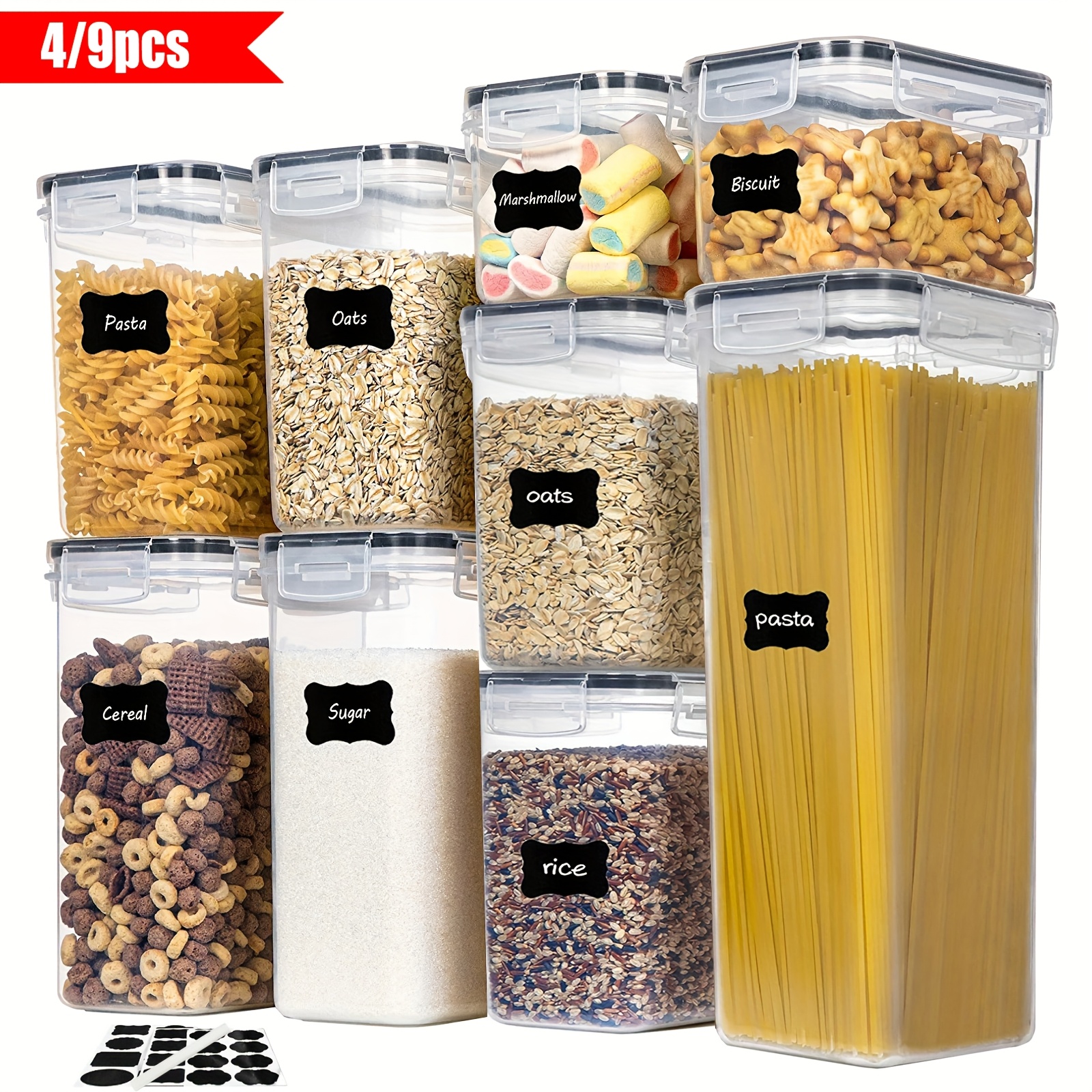 

4/9pcs Airtight Food Storage Containers With , Bpa Free, Plastic Rv Kitchen And Pantry Canisters For Cereal, Dry Food, Flour And Sugar, Dishwasher Safe