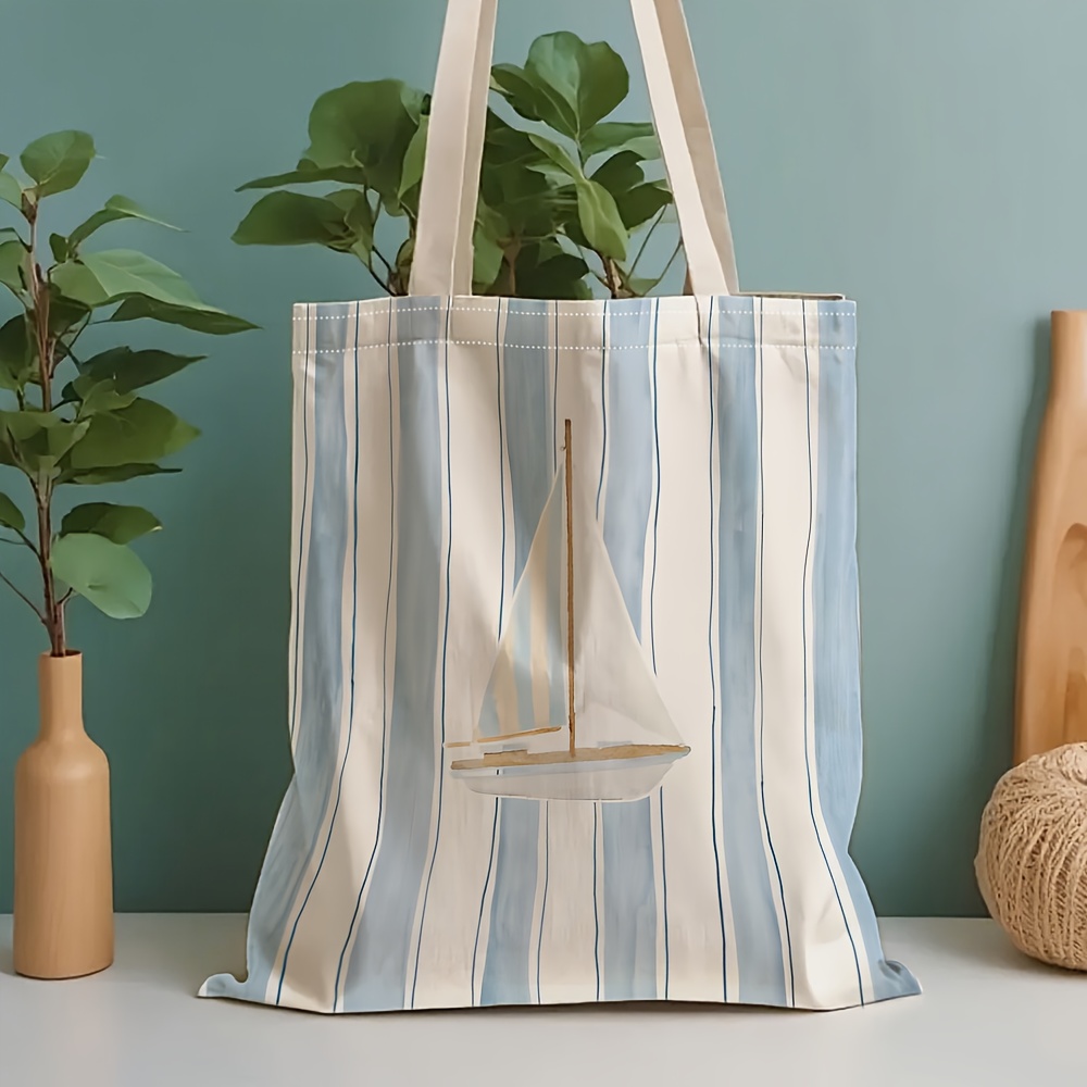TEMU Striped Sailboat Tote Bag - Large Canvas Storage Pouch, Perfect For School, , Travel, Holidays, Shopping, Groceries, And Everyday Use