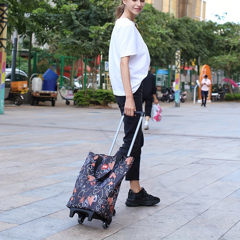 Versatile Foldable Shopping Cart with Heart Pattern - Lightweight, Durable Plastic/Aluminum, 4-Wheel Design for Easy Maneuverability - Perfect for Groceries, Moving Freight, and Camping Essentials