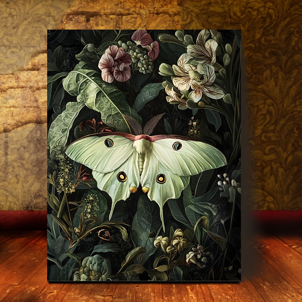TEMU 2d Flat, 1pc Vintage Moth Botanical Print Wall Art - Dark Cottagecore & Whimsigoth Decor With Wooden Framed Canvas - Academia, Gothic Bedroom