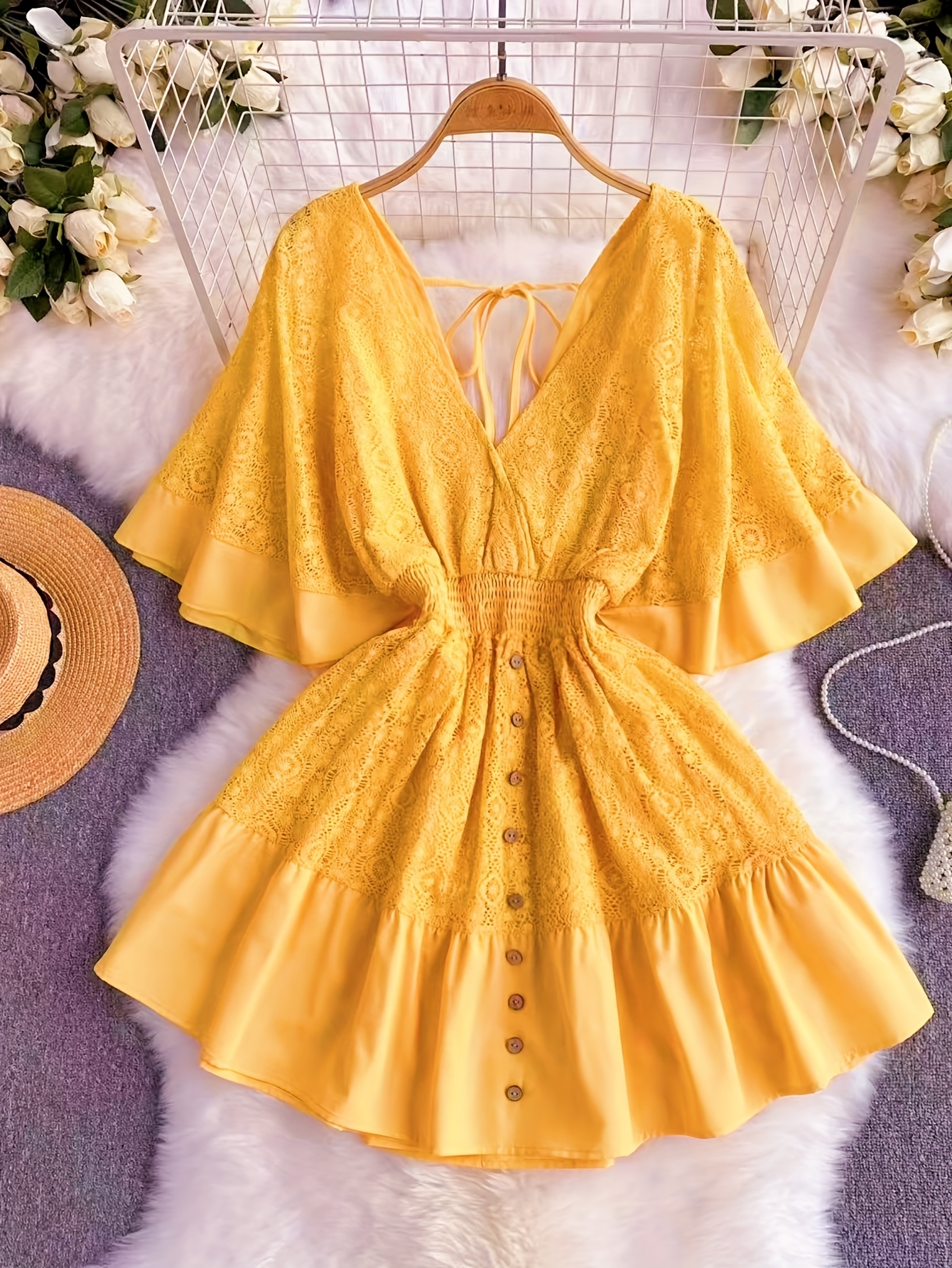 dames geel v hals batwing mouw jurk met hem lace Temu Netherlands