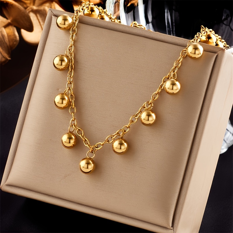 

18k Golden Plated Vintage Style Stainless Steel Necklace With Small Golden Ball Pendants - Unisex Daily Wear Elegant Jewelry Accessory