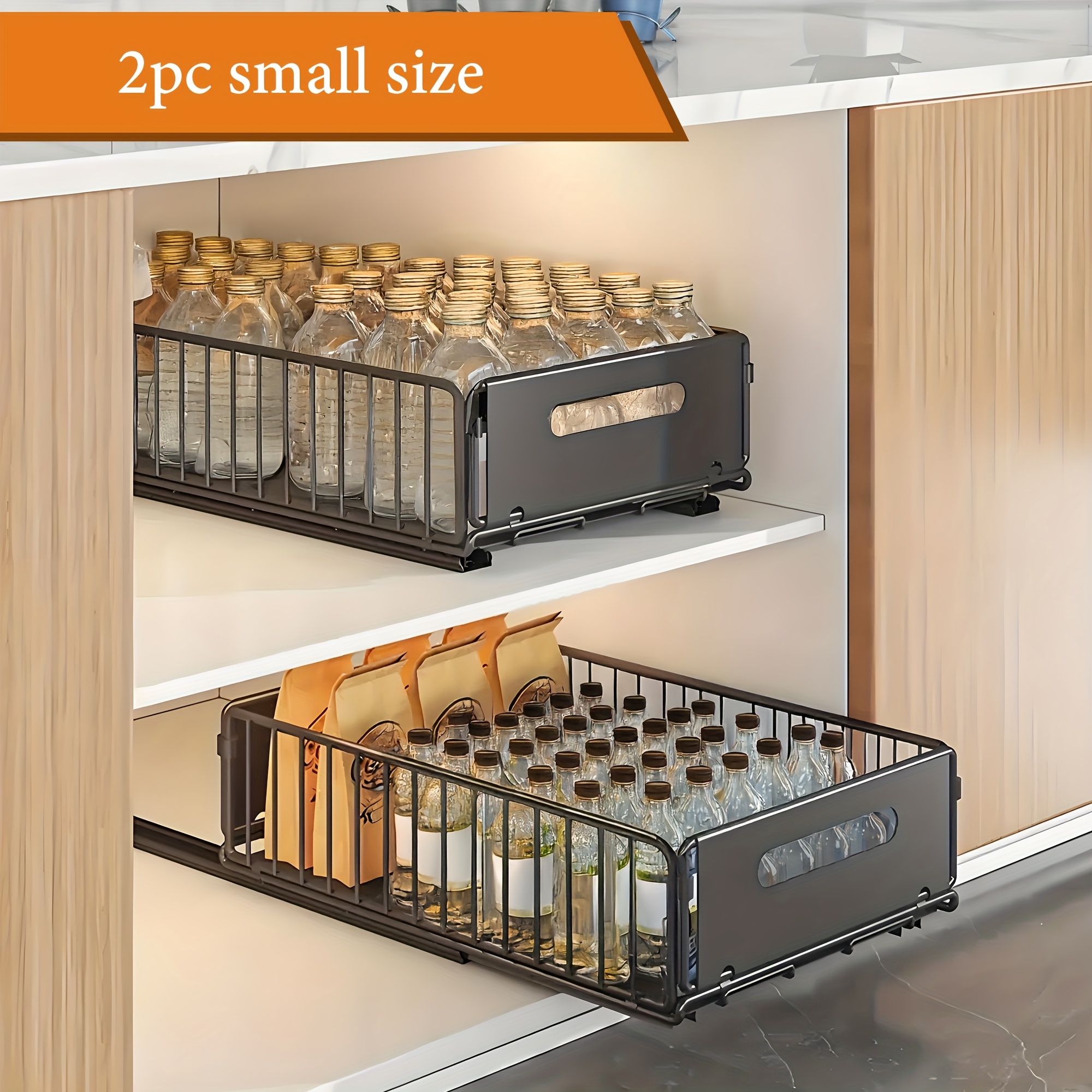 TEMU 2pcs, Cabinet Pull-out Storage Basket, Bathroom Sink Slide-out Storage Basket, Sliding Multipurpose Organizer, Spice Rack, Snack Rack, Household