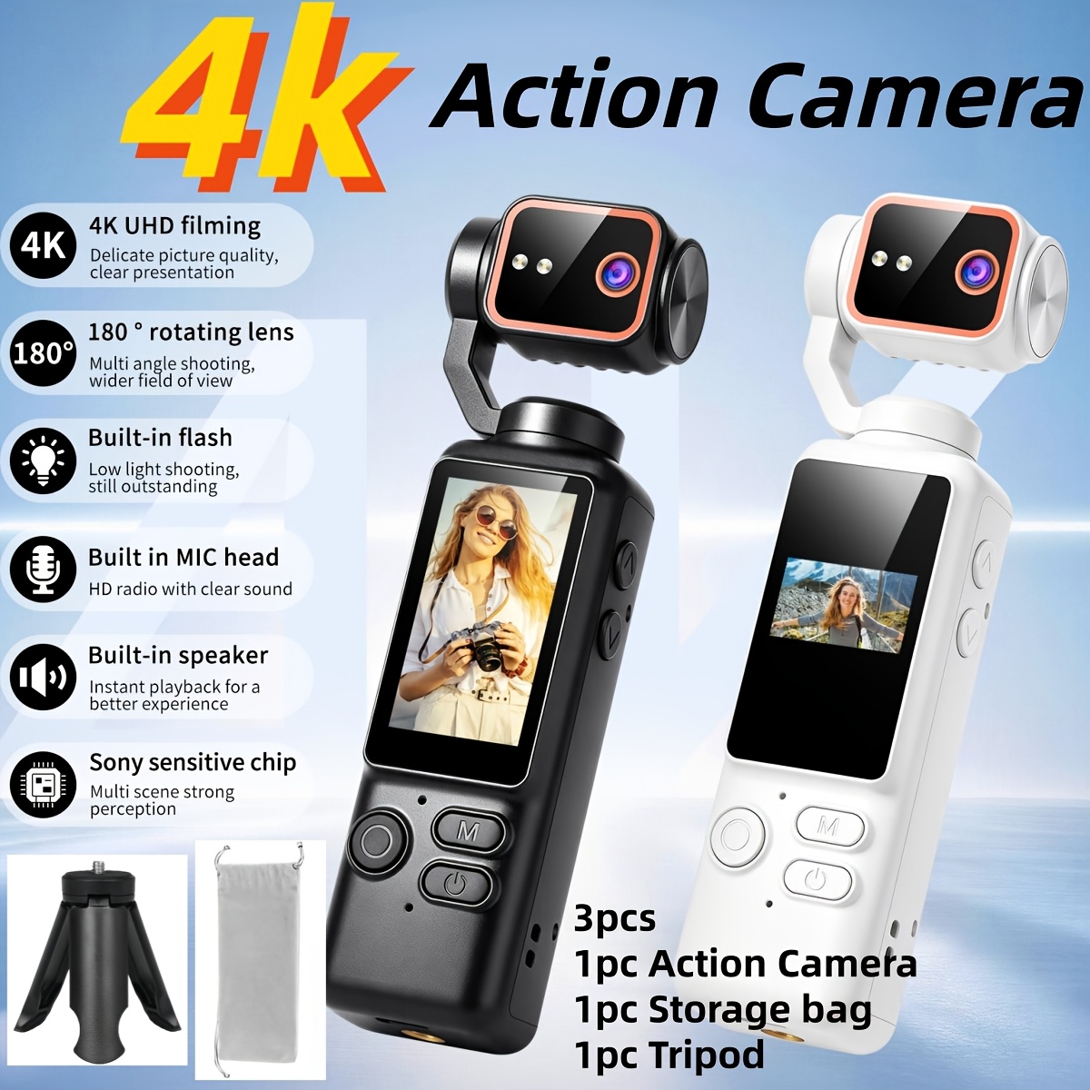 TEMU 3pcs, 1pc Action Camera And 1pc Tripod And 1pc Storage Bag, Sports Camera, 180° Rotating Lens, Body Camera, Recording Camera For Cycling, Pocket