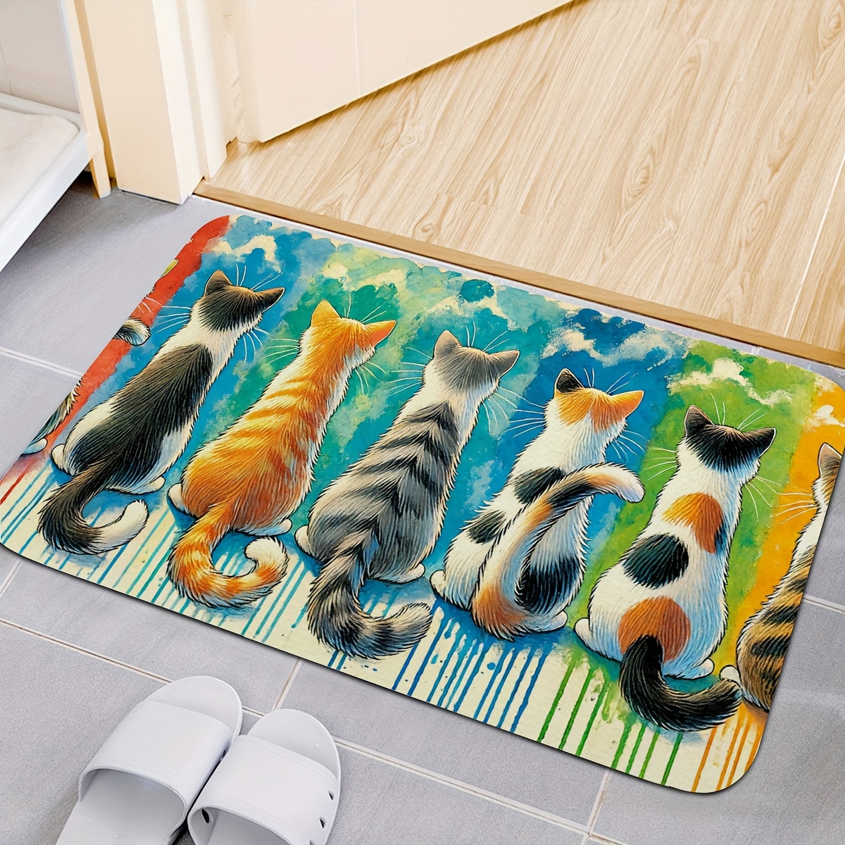

Non-slip Machine Washable Woven Bath Rug With Cute Cat Friends Pattern - Polyester Tpr-backed Bathroom Mat 15.4x23.4 Inches For Home, Kitchen, Bedroom, Office, Or Outdoor Use